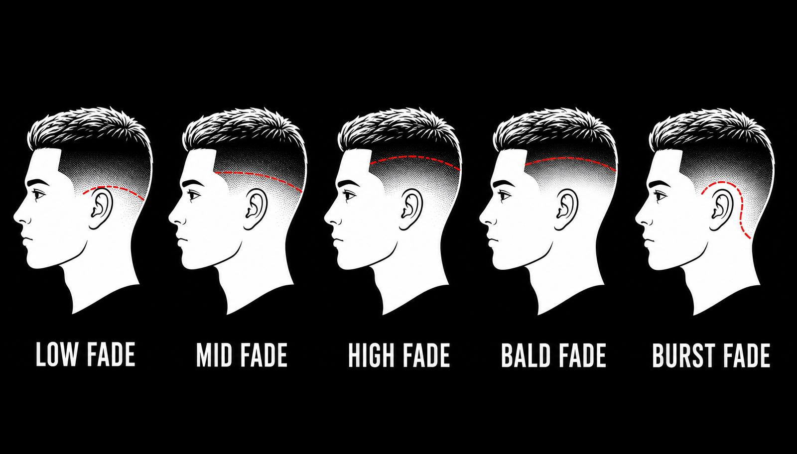 Diagram comparing five fade haircut types: low fade, mid fade, high fade, bald fade, and burst fade
