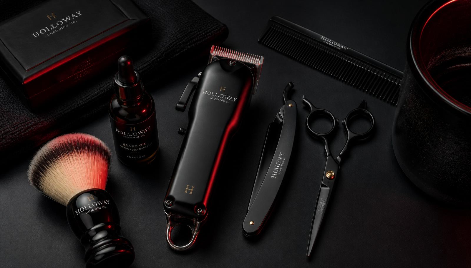 Professional barber tools flat-lay: clippers, straight razor, shears, comb, and beard oil on a black surface
